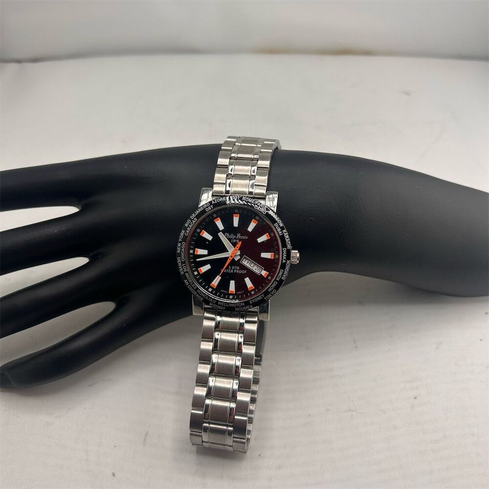 Philip Persio Men's Quartz Watch Black Dial Silver Band Analog Casual